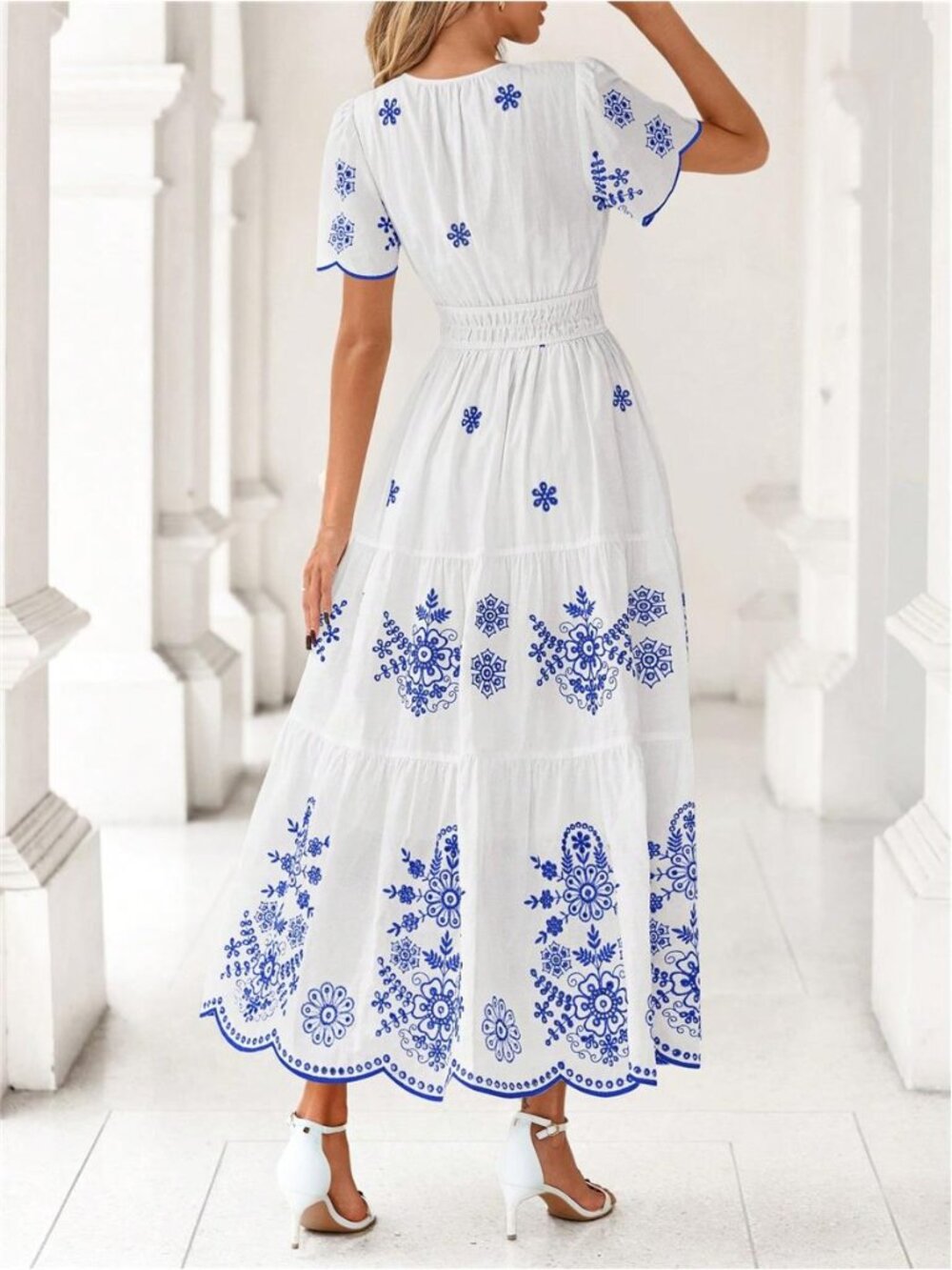 NEW - Blue & White Boho Embroidered Maxi Dress with Pockets - Picture 3 of 7